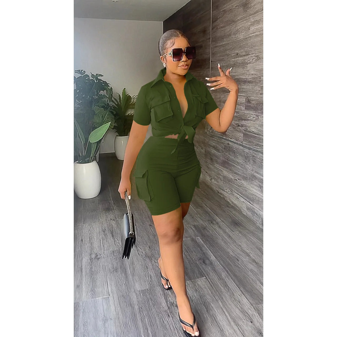 Ensemble Femme 2 Pièces Streetwear - Chemise Manches Courtes à Boutons & Short Poches Été