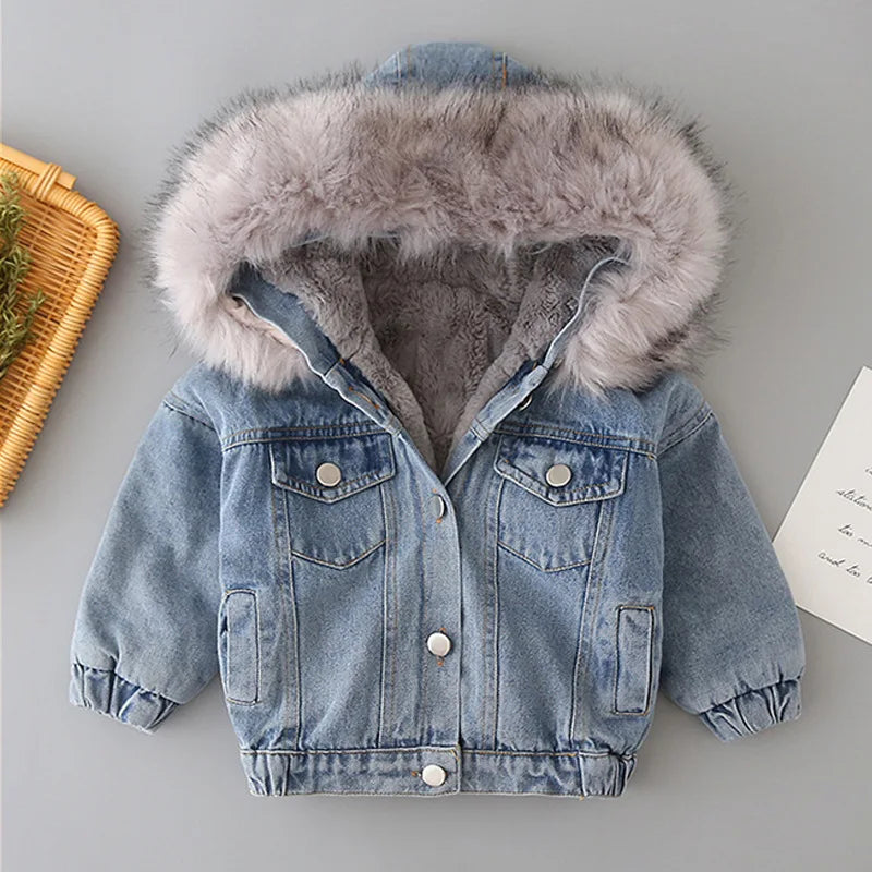 Veste en jean fille hiver - Denim avec capuche fourrée