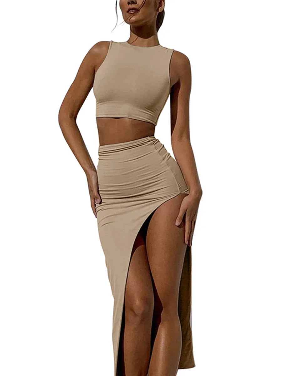 Ensemble 2 Pièces Été Débardeur Col Rond + Jupe Longue Fendue - Couleur Unie Taille Haute Femme