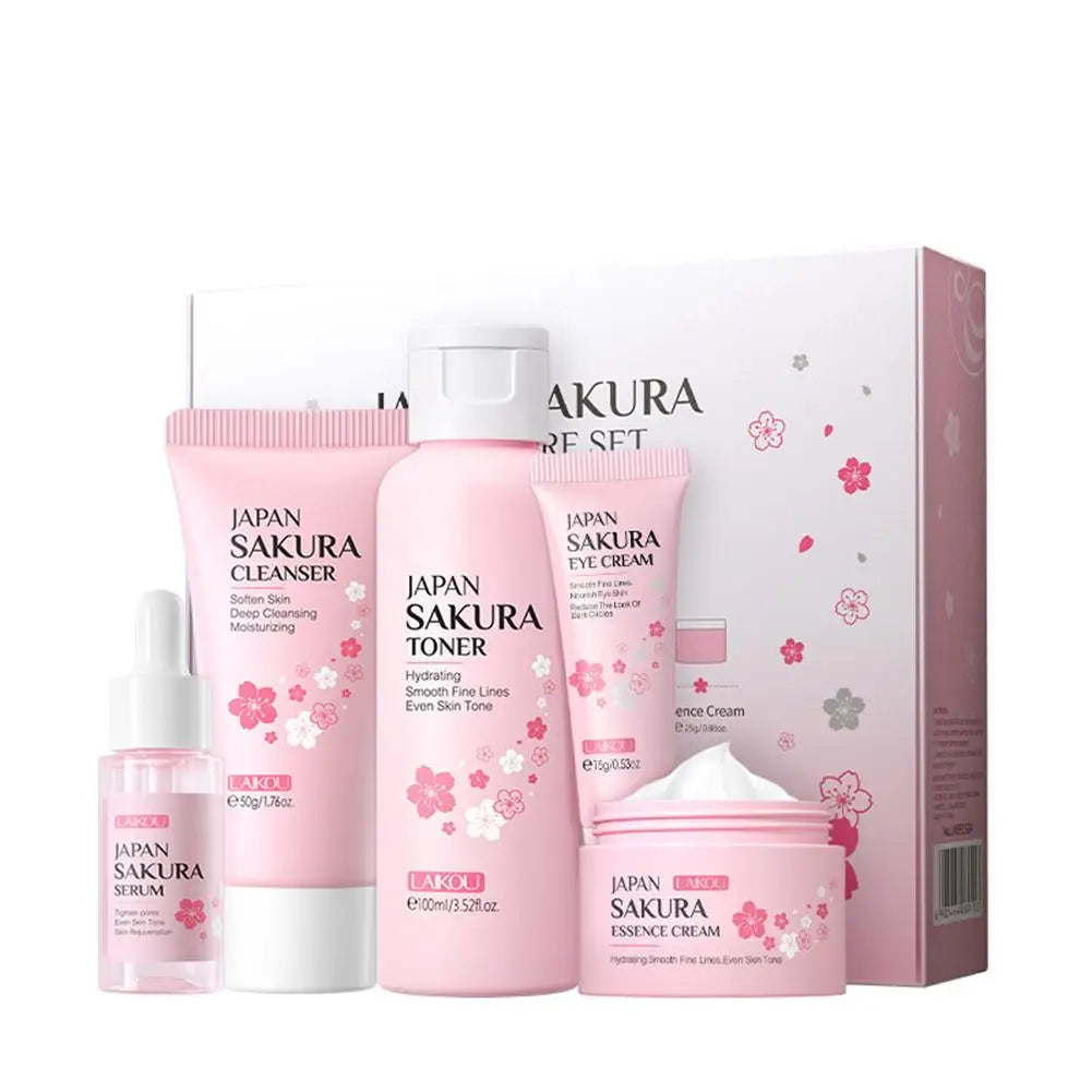Coffret Soin Visage Sakura 5pcs - Nettoyant Sérum Crème Yeux Visage Protection Solaire Voyage Femme