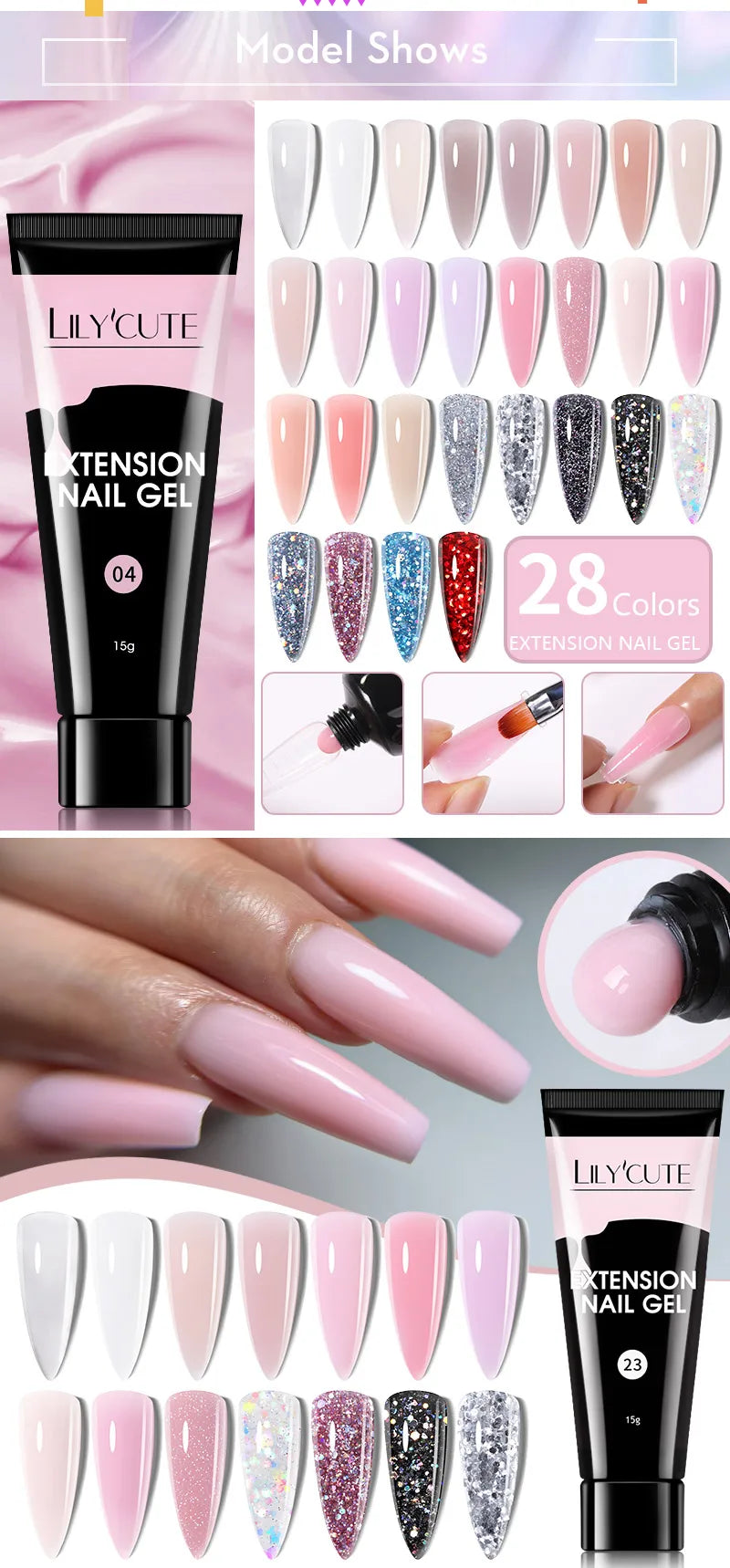 Gel Extension Ongles Paillettes LILYCUTE 15ml - Vernis Semi-Permanent UV Construction Nail Art