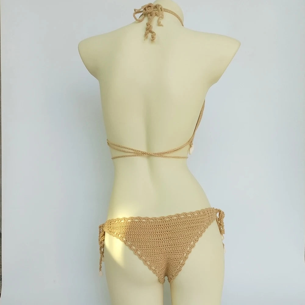 Ensemble Bikini 3 Pièces Crochet avec Coquillages - Top à Franges, String Sexy et Chaîne de Cheville Coquillage