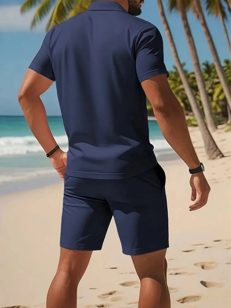 Ensemble Homme 2 Pièces Grande Taille - Polo Manches Courtes à Boutons & Short Mesh Respirant Été Casual