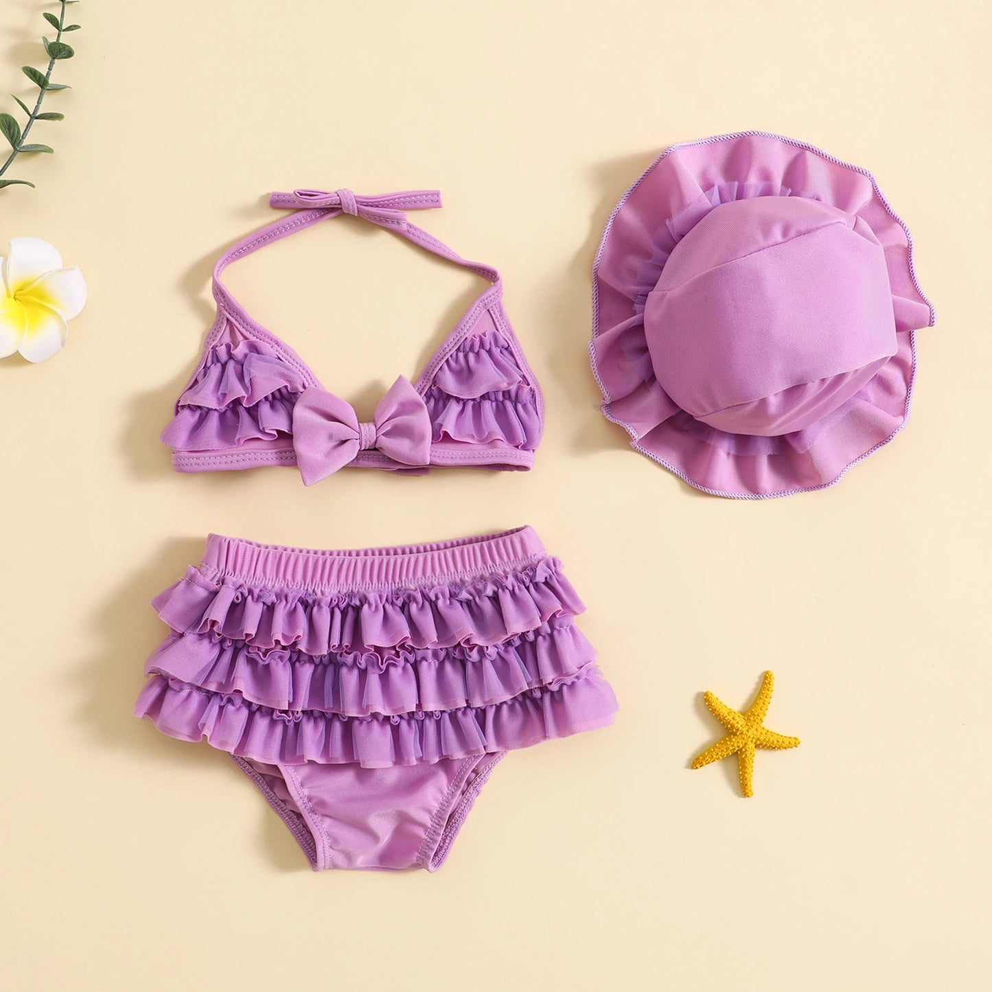 Maillot de Bain Bébé Fille 3 Pièces - Bikini Nœud Halter Volants Chapeau Été