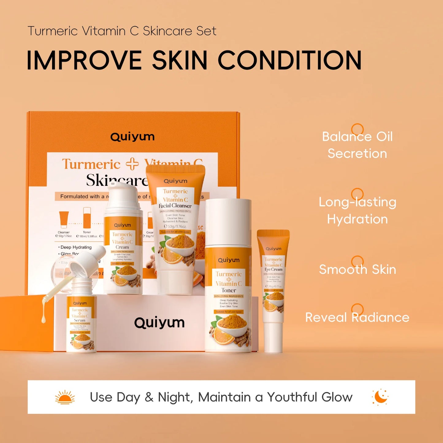 Kit Soin Visage Curcuma LAIKOU 5 Pièces - Nettoyant Tonique Sérum Crème Yeux Hydratant Anti-Âge