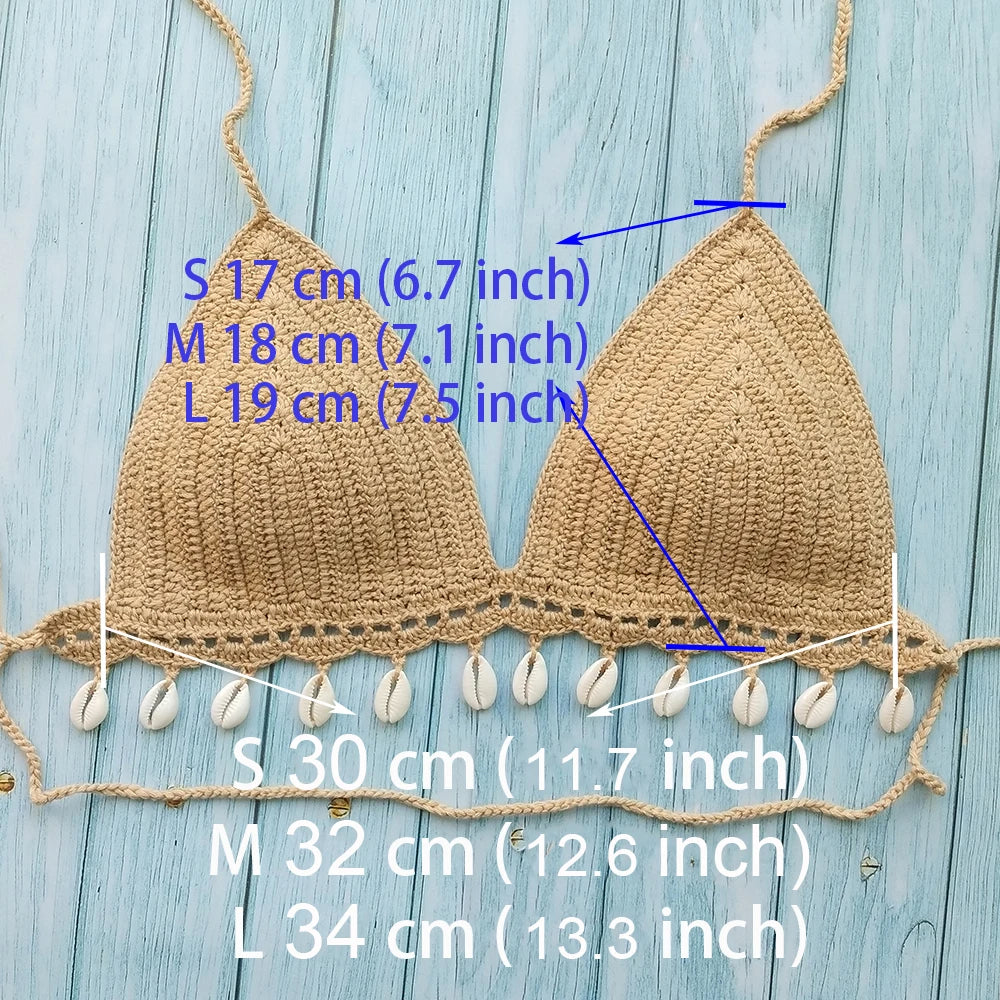 Ensemble Bikini 4 Pièces Crochet avec Coquillages - Top à Franges, Sexy,Taille Haute et Jupe