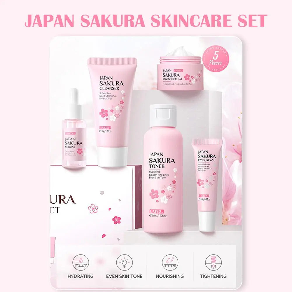 Coffret Soin Visage Sakura 5pcs - Nettoyant Sérum Crème Yeux Visage Protection Solaire Voyage Femme
