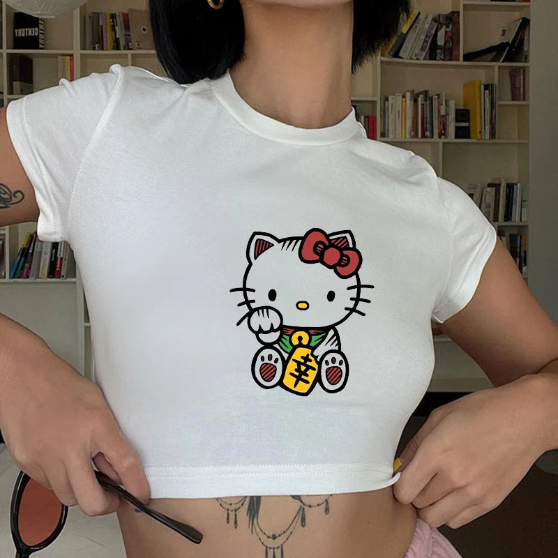 Top Crop Femme Hello Kitty Y2K - T-Shirt Sanrio Streetwear Aesthetic Été 2000s
