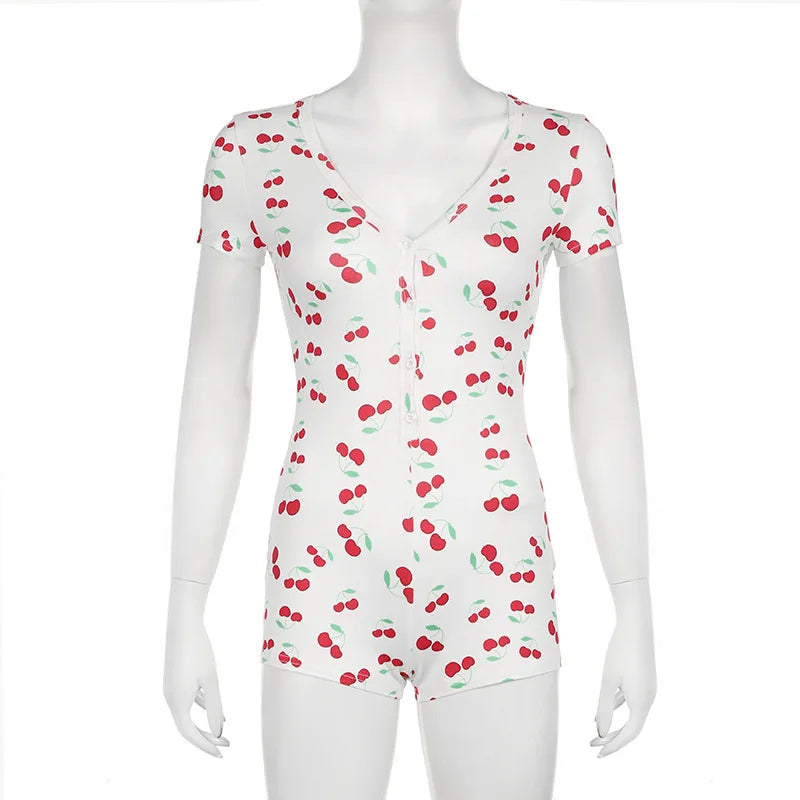 Combinaison Pyjama Cerises Femme Manches Courtes - Col V Boutons Romper Blanc