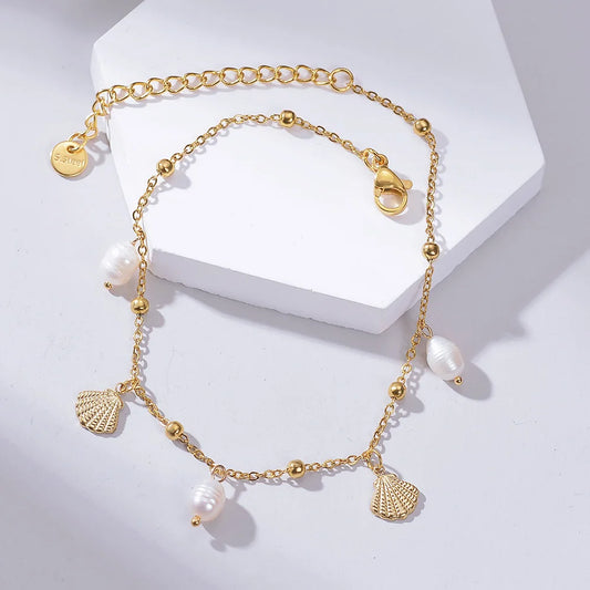 Chaîne Cheville Perle Imitation Or Plaqué - Acier Inoxydable Élégante Fashion Coquillage Plage Cadeau Femme