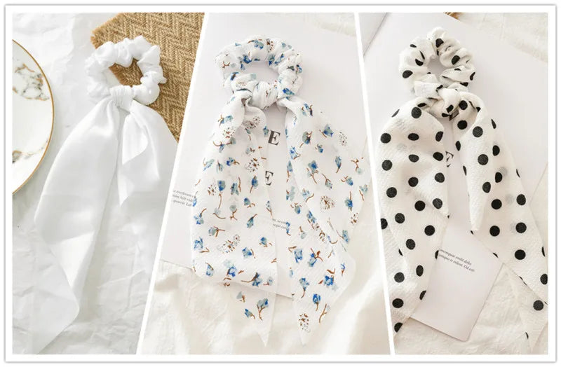 Lot 3pcs Chouchous Cheveux Long Ruban Noué Femme Fille - Élastiques Queue de Cheval Bandeau Accessoires Mode