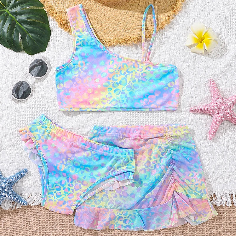 Ensemble Maillot de Bain Fille 3 Pièces Coloré - Bikini + Jupe 8-14 ans