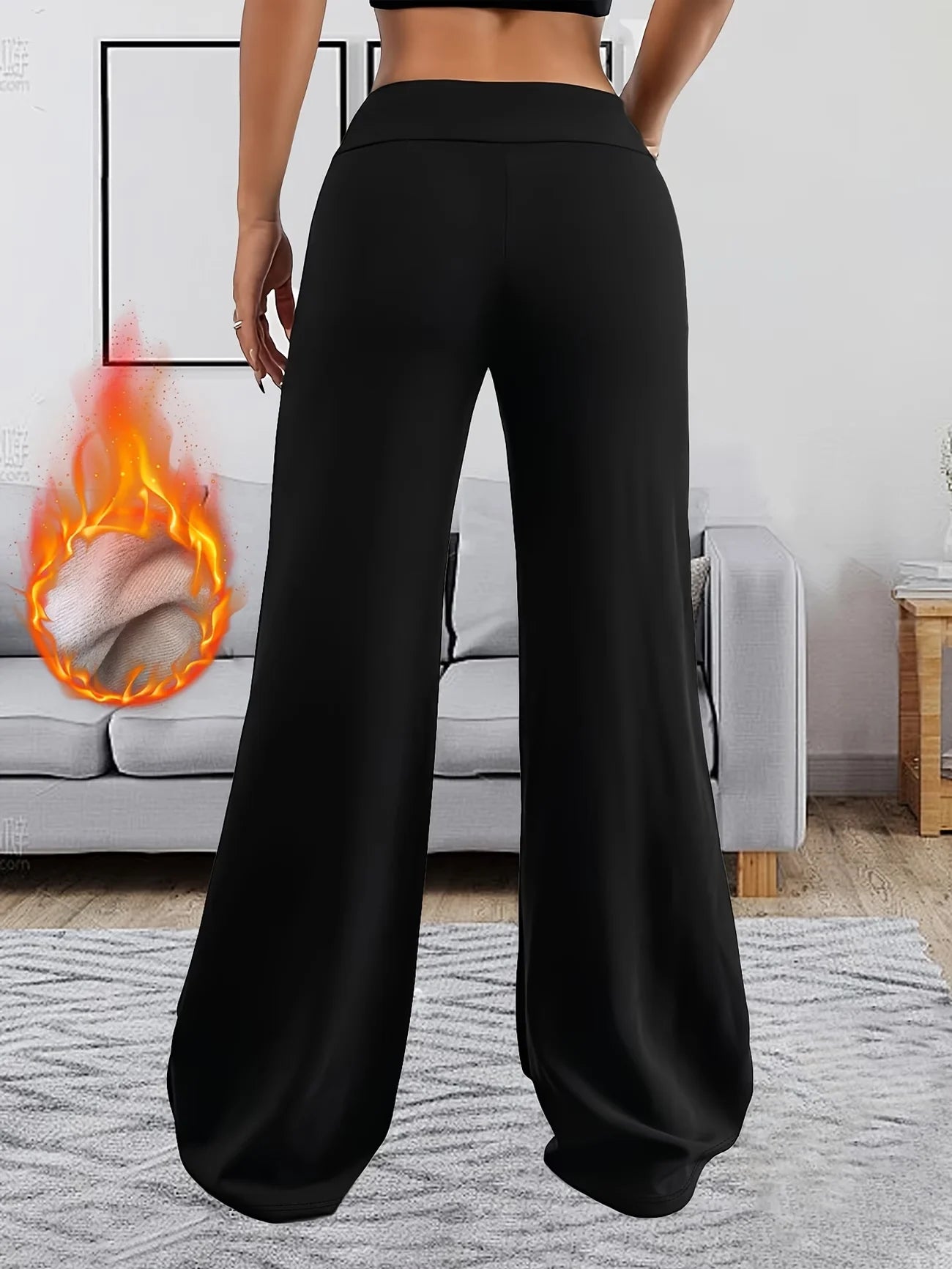 Pantalon Taille Haute Doublé Polaire Femme - Jambes Larges Chaud Élégant Casual