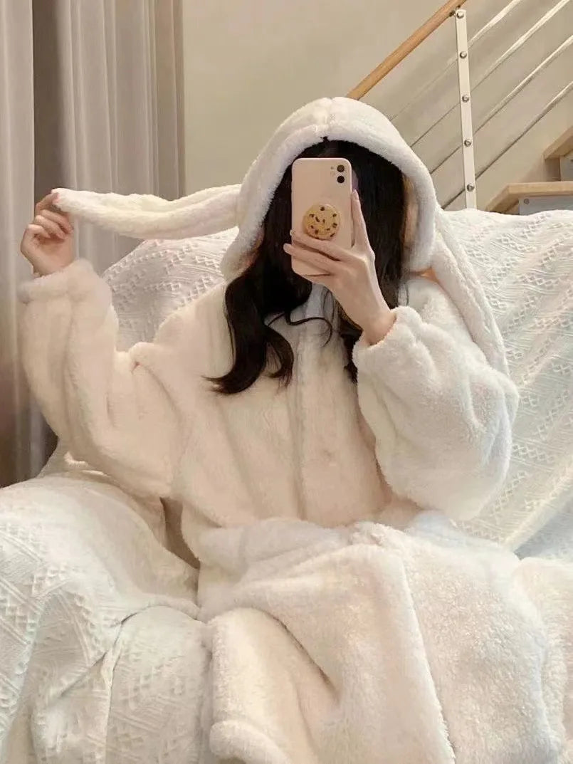 Peignoir Femme Polaire Oreilles de Lapin - Robe de Chambre Douce Automne Hiver - Homewear Cartoon