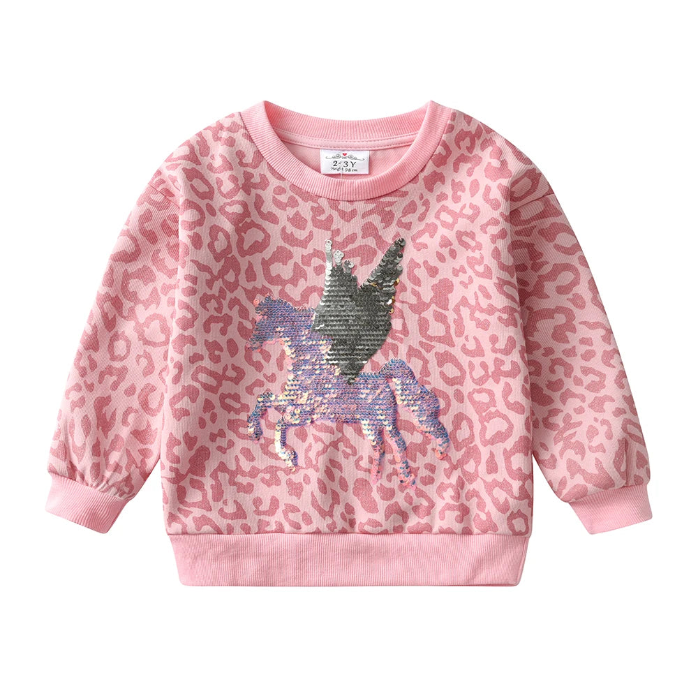 Sweat-shirt Fille à Sequins - Imprimé Léopard Rose - Sportswear Décontracté