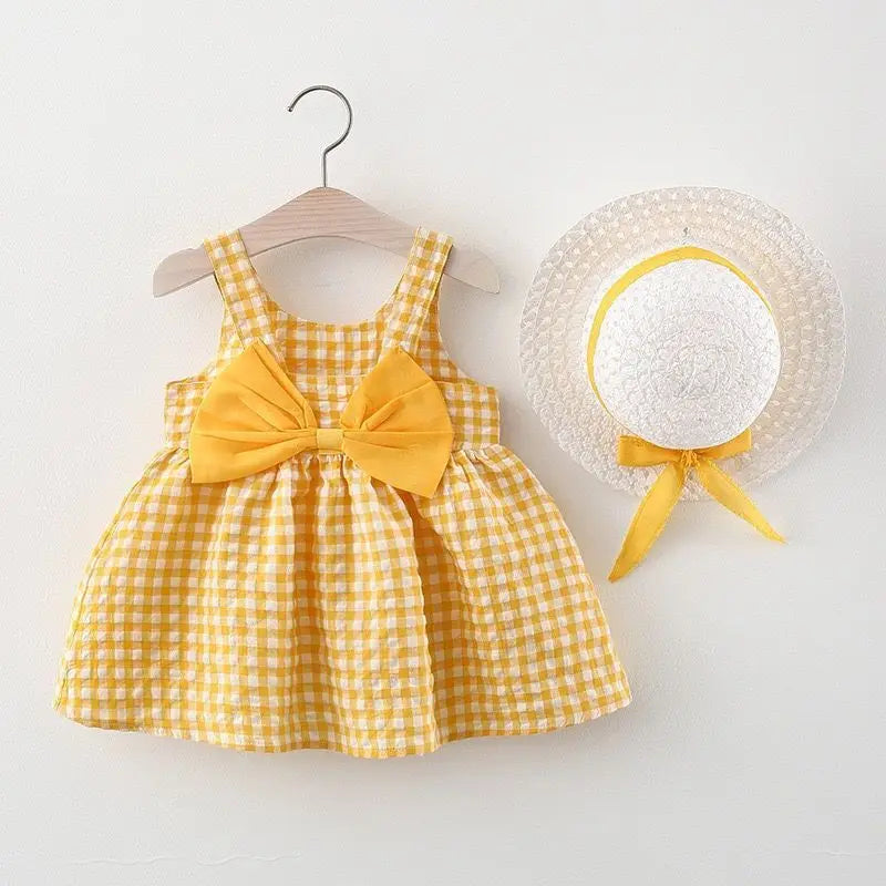 Ensemble Bébé Fille Anniversaire - Robe Carreaux Nœud + Chapeau 2 Pièces 0-3 Ans Été