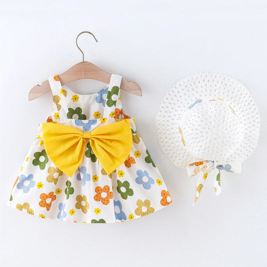 Ensemble Bébé Fille Été - Robe Princesse Florale + Chapeau Nœud 2 Pièces 3-6 Mois