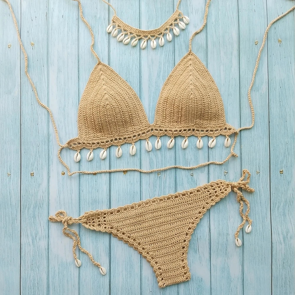 Ensemble Bikini 3 Pièces Crochet avec Coquillages - Top à Franges, String Sexy et Chaîne de Cheville Coquillage