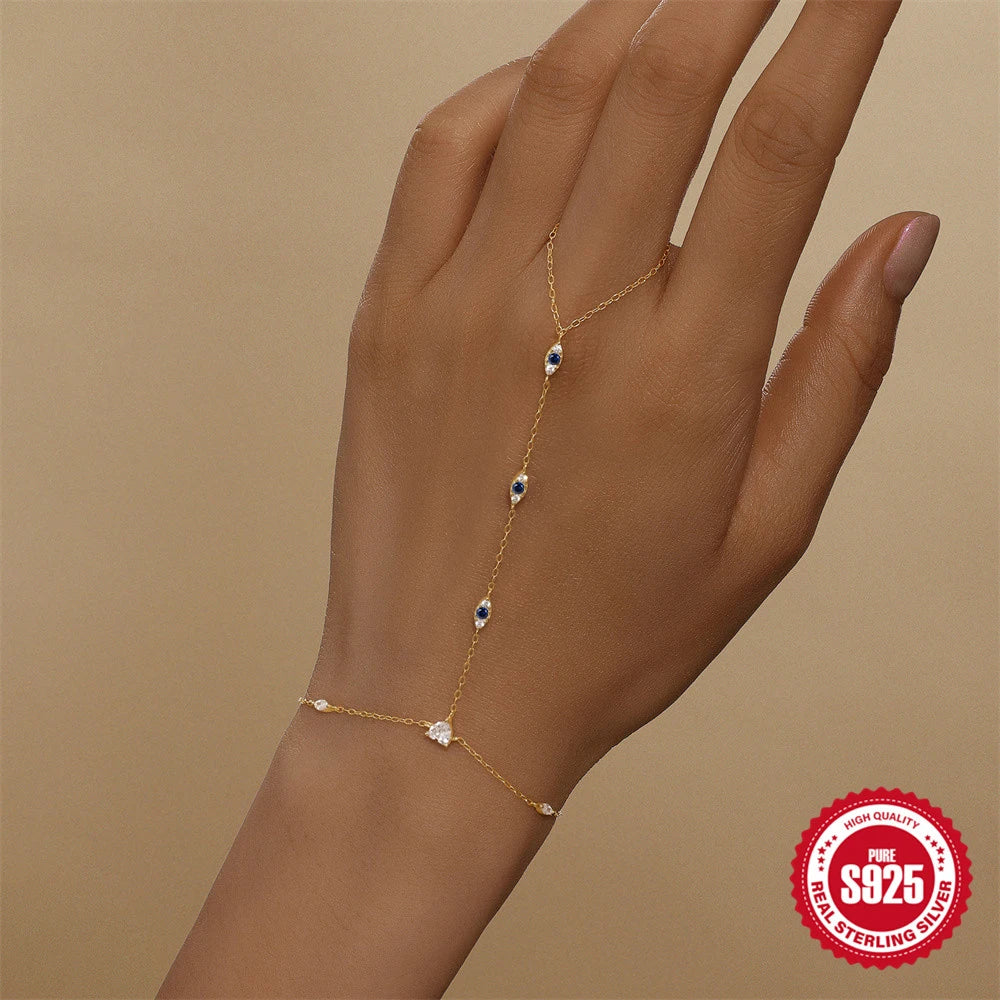 Bracelet Bague Argent 925 Cœur Pétale Zircon - Chaîne Main Femme Minimaliste Scintillant