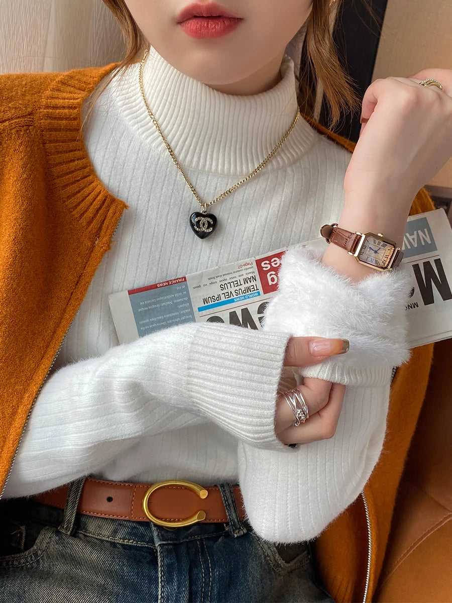 Pull Col Roulé Femme Hiver 2025 - Doublure Velours Épais Thermique Rétro