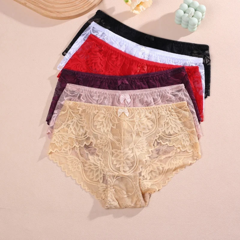 Lot 4 Culottes Femme Dentelle Sexy - String Taille Basse Broderie Florale Respirant Confort