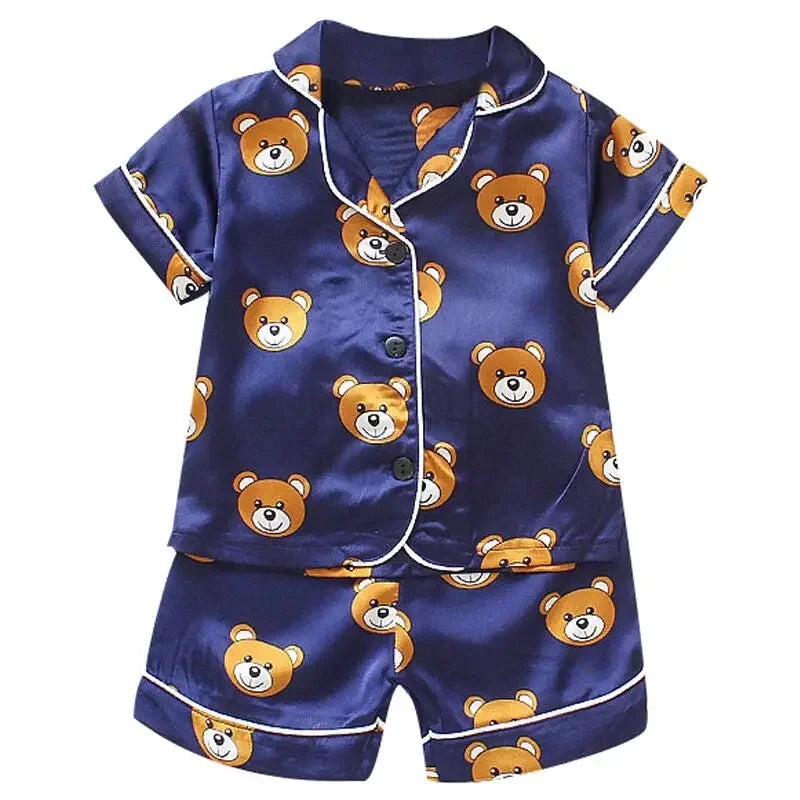 Kids Cartoon Bear Pajama Set - Ice Silk Satin Summer Sleepwear