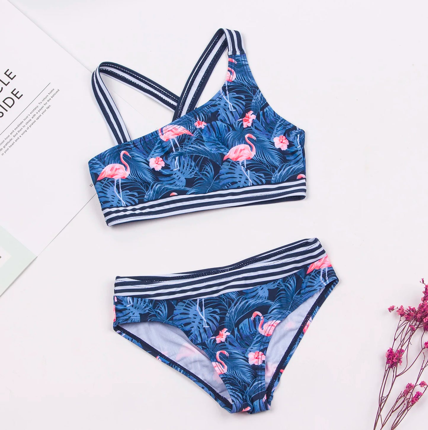 Bikini Fille 2 Pièces Imprimé Flamant Rose - Maillot de Bain Patchwork