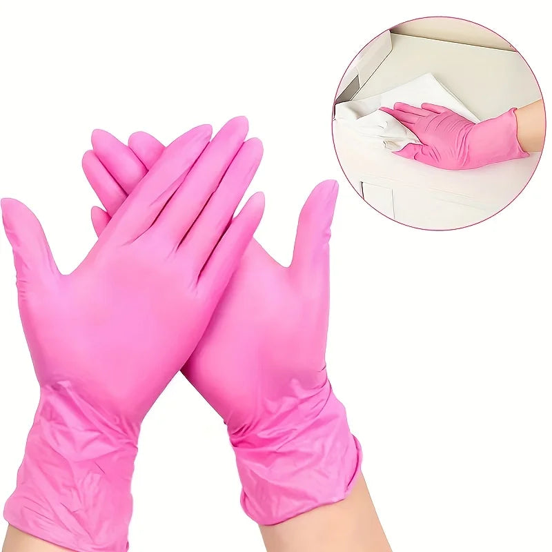 Gants Nitrile Jetables Roses Sans Poudre Sans Latex - Cuisine Ménage Beauté Soins Animaux Coloration Cheveux Travail