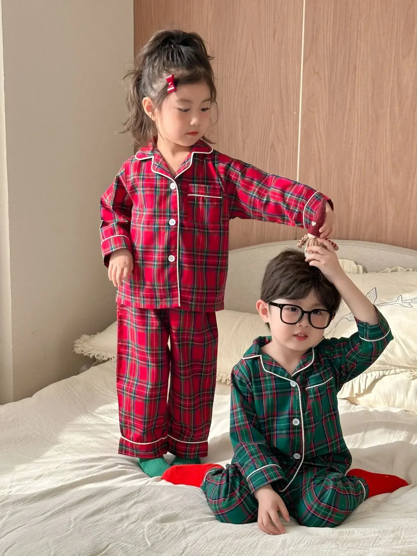 Pyjama Noël Enfant - Ensemble Coton Carreaux 2 Pièces Boutons Xmas