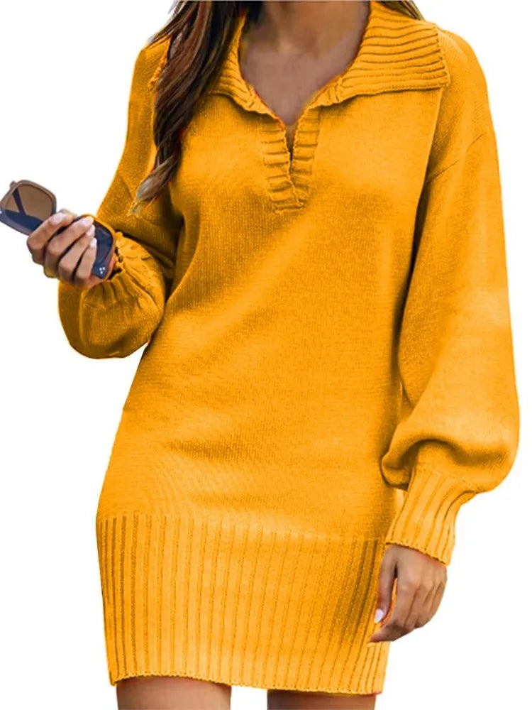 Robe Pull Femme Mi-Longue - Sweater Dress Col Polo Manches Lanterne Tricot Élégant Automne Hiver