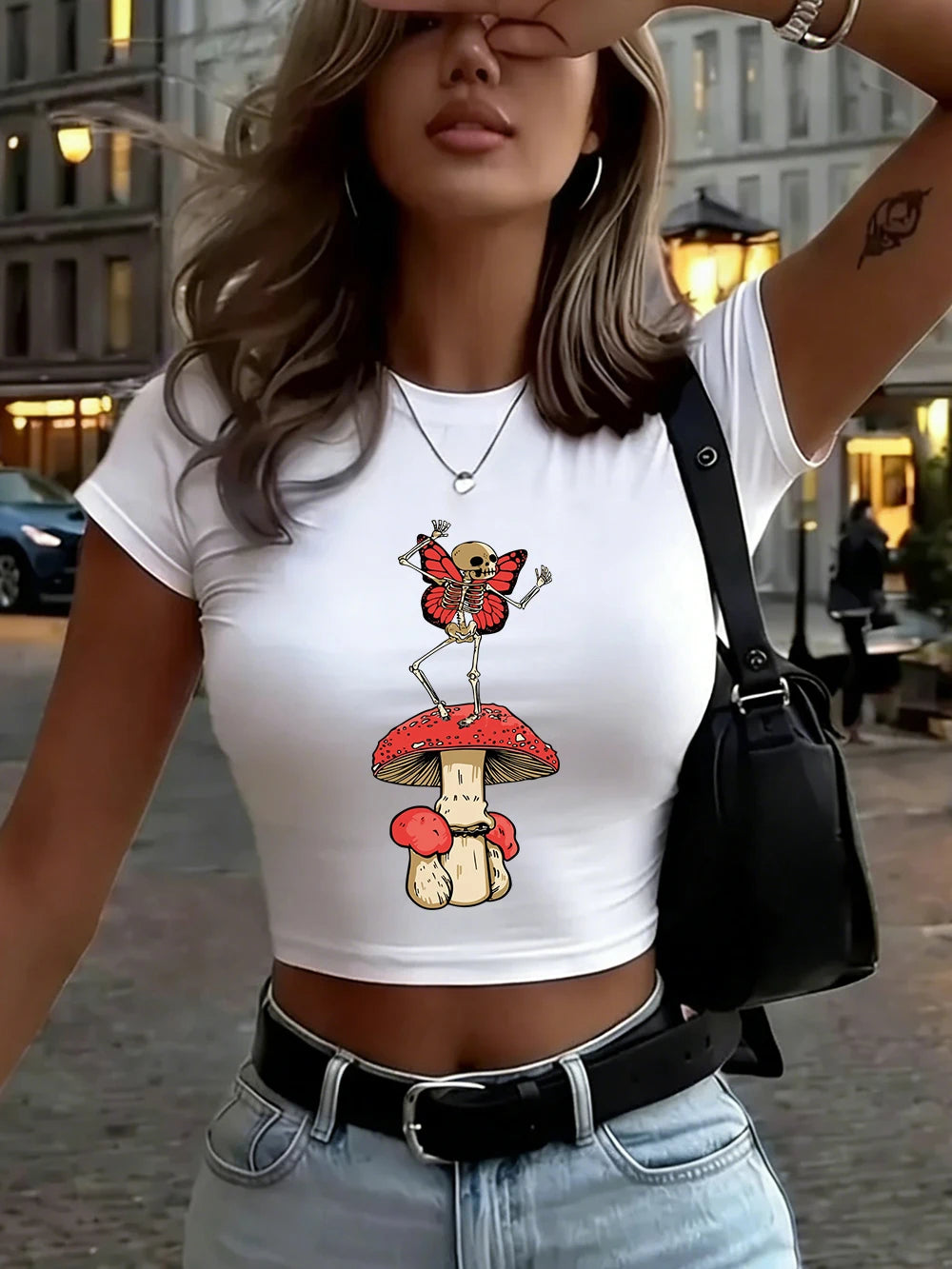 Top Crop Femme Skull Wings Mushroom - T-Shirt Doux Slim Col Rond Été
