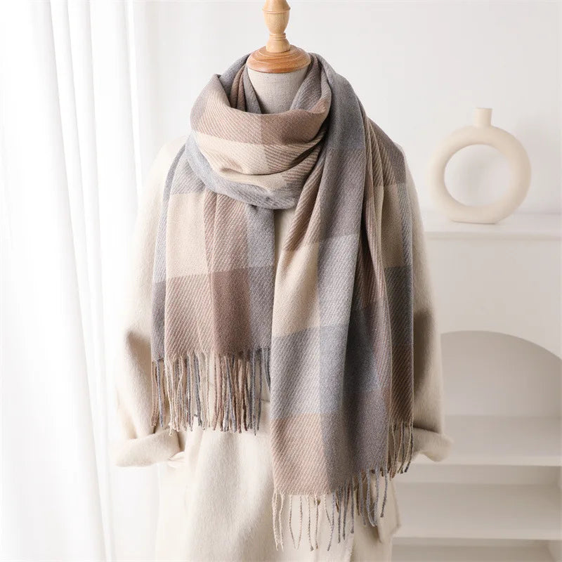 Écharpe Plaid Carreaux Luxe Automne/Hiver - Pashmina Châle Franges Femme Chaud