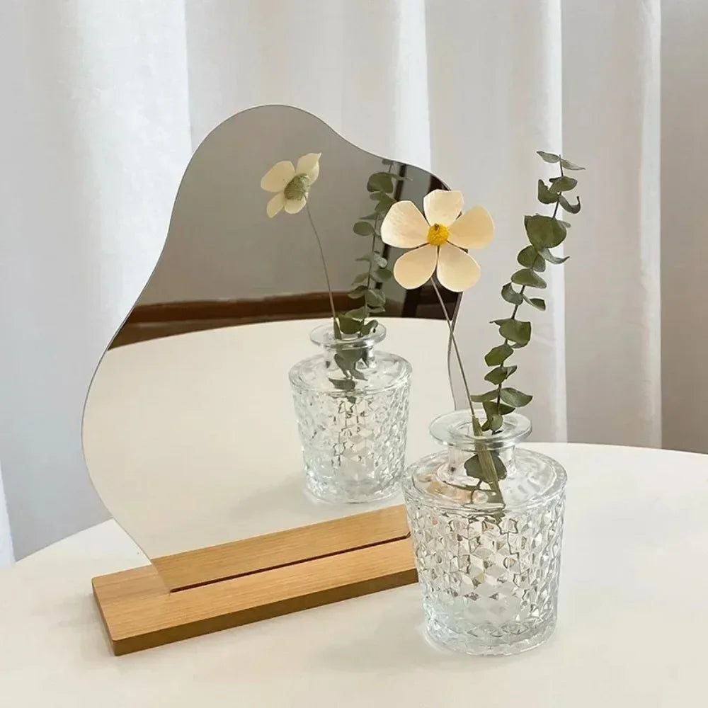 Miroir Décoratif Acrylique Base Bois - Minimaliste Irrégulier Maquillage Chambre Coiffeuse Beauté Cosmétiques