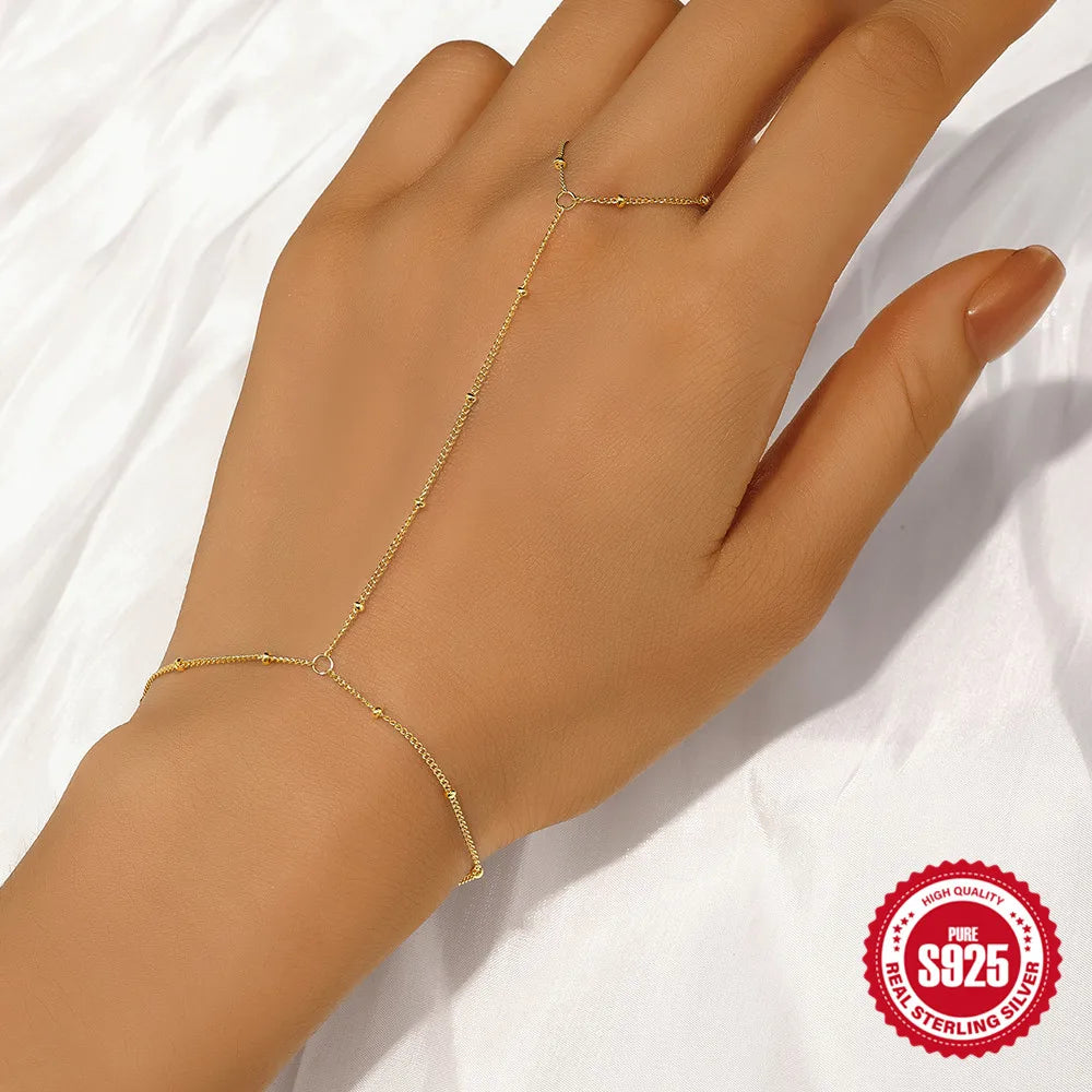 Bracelet Bague Argent 925 Cœur Pétale Zircon - Chaîne Main Femme Minimaliste Scintillant