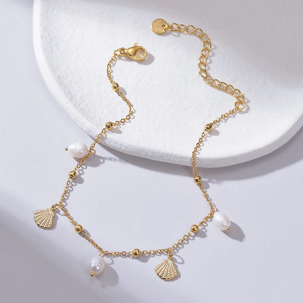 Chaîne Cheville Perle Imitation Or Plaqué - Acier Inoxydable Élégante Fashion Coquillage Plage Cadeau Femme