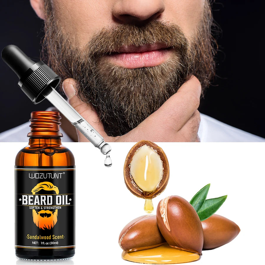 Kit Soin Barbe Homme 5 Pièces - Huile & Baume Hydratant Nourrissant Croissance Moustache avec Outils