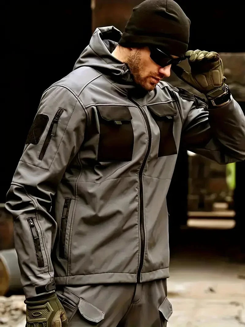 Veste Homme Tactique Automne-Hiver - Softshell Imperméable Coupe-Vent à Capuche Multi-Poches Outdoor