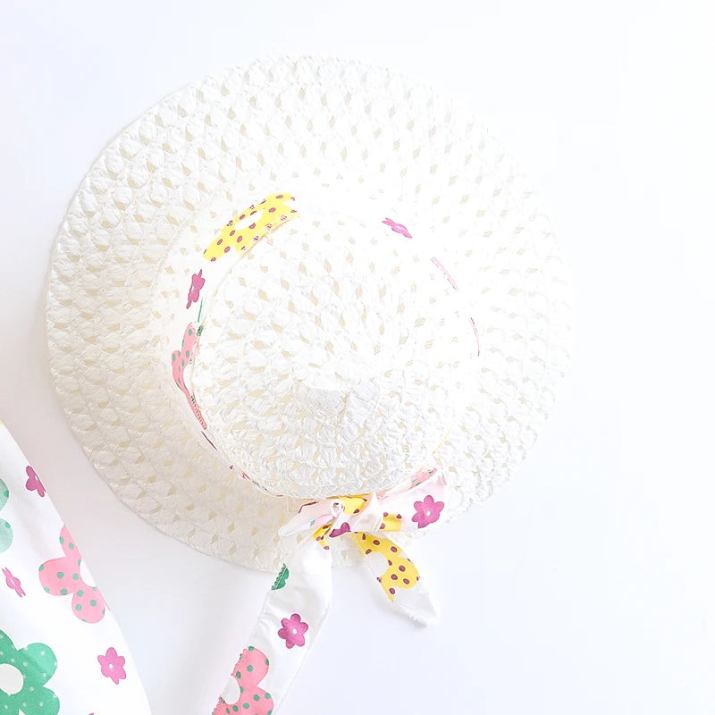 Ensemble Bébé Fille Été - Robe Princesse Florale + Chapeau Nœud 2 Pièces 3-6 Mois