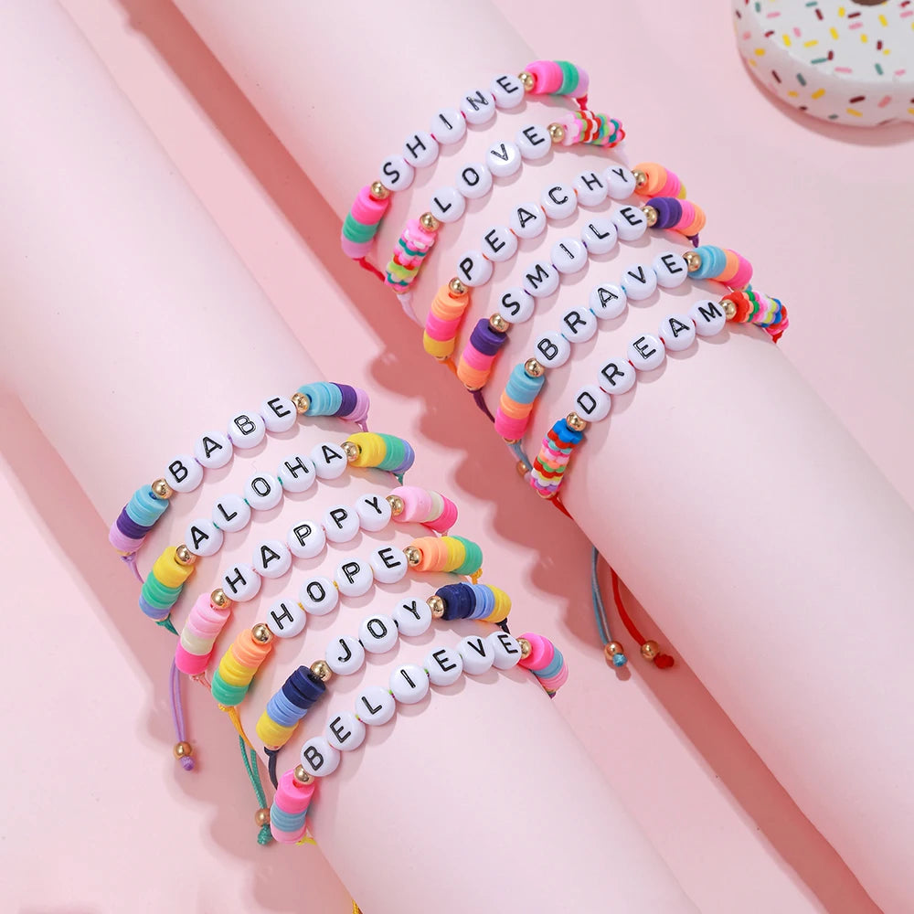 Lot de 12 Bracelets Fille Perles Argile - Messages Positifs Ajustables Tressés