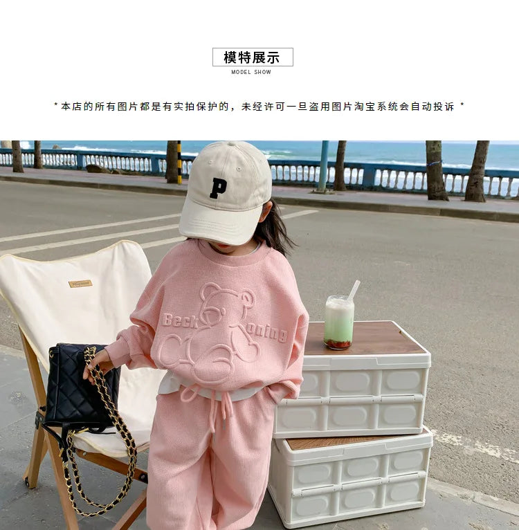 Ensemble Fille Sweat Ourson + Pantalon Sport Printemps Automne