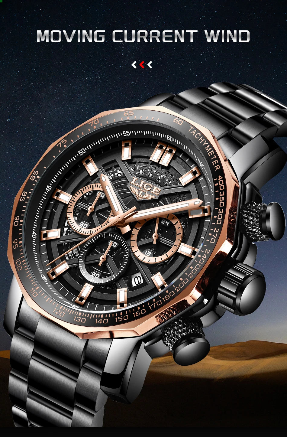 Montre Sport Homme LIGE Chronographe - Acier Inoxydable Waterproof Luxury