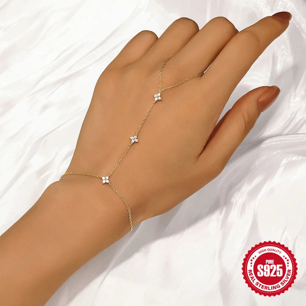 Bracelet Bague Argent 925 Cœur Pétale Zircon - Chaîne Main Femme Minimaliste Scintillant