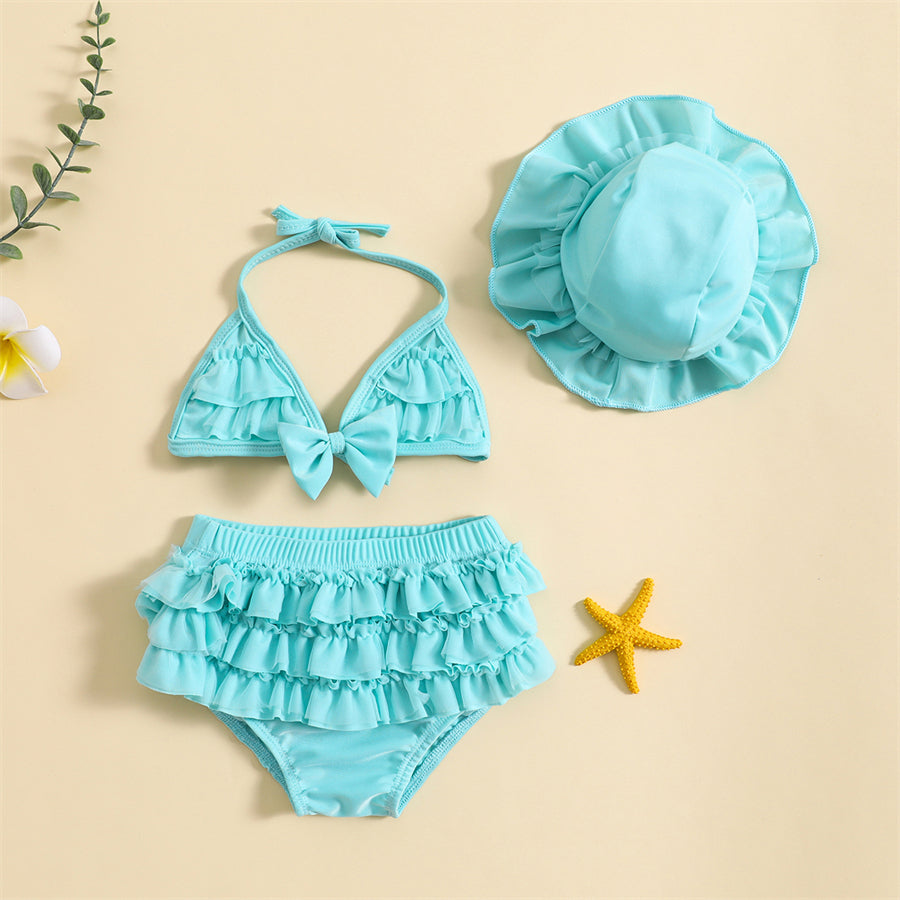 Maillot de Bain Bébé Fille 3 Pièces - Bikini Nœud Halter Volants Chapeau Été