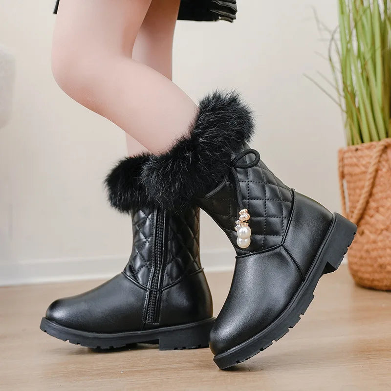 Bottes Neige Filles 2025 avec Nœud - Bottines Hiver Fourrées Imperméables Mi-Mollet