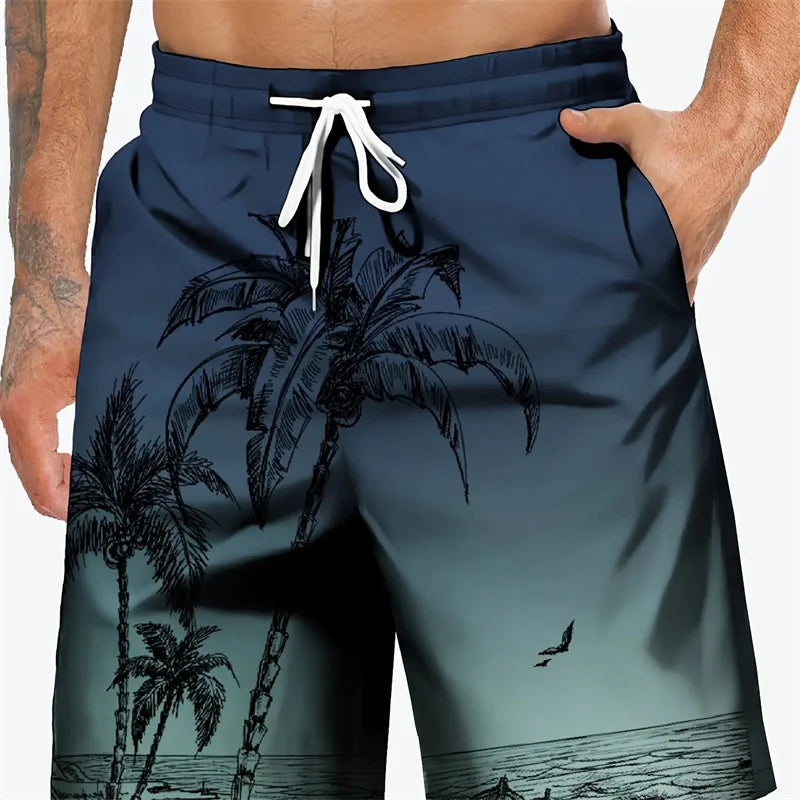 Short de Bain Homme Imprimé Cocotiers 3D - Maillot Hawaïen Casual Plage Sport Été