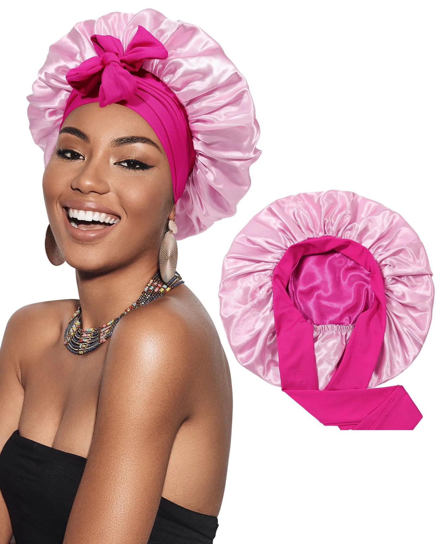 Bonnet Satin Double Couche Femme - Bandeau Large Élastique Soyeux Nuit Protection Cheveux Douche Wrap Bordures