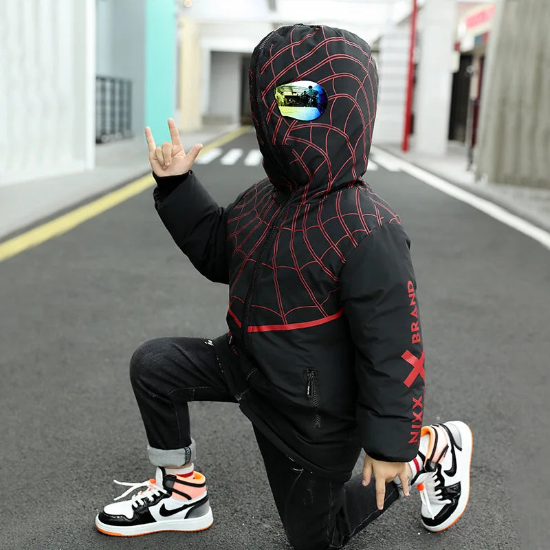 Parka Spiderman Garçon Ado - Manteau Hiver Réversible Chaud Long