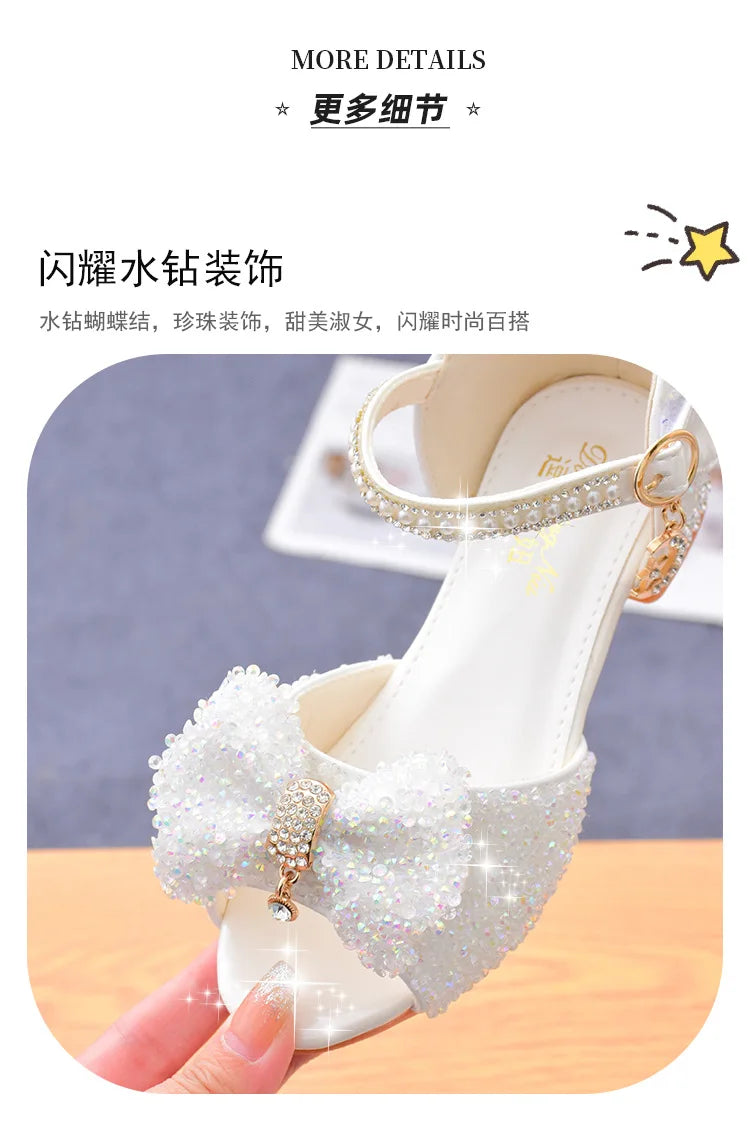 Sandales Fille Été 2025 Nœud Cristal - Chaussures Talons Princesse Blanches Mariage Cérémonie