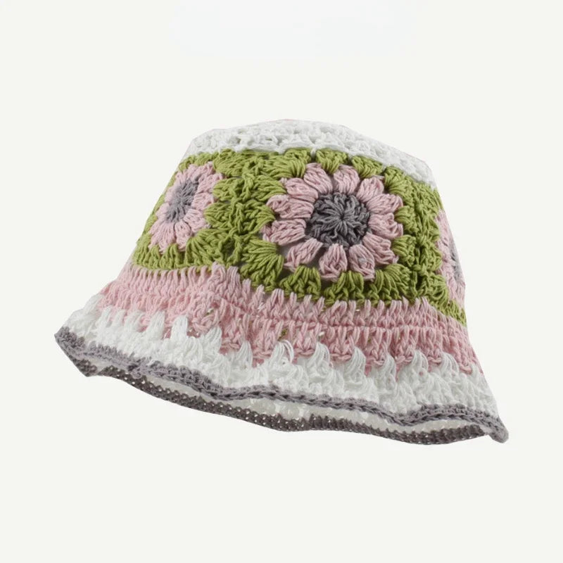 Chapeau Bob Crochet Coréen Fait Main avec Fleurs - Bonnet Tricoté Y2K Femme pour Automne Hiver