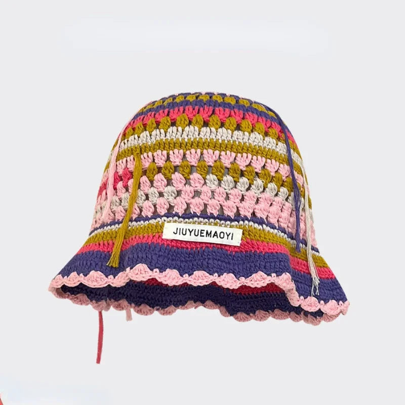 Chapeau Bob Crochet Coréen Fait Main avec Fleurs - Bonnet Tricoté Y2K Femme pour Automne Hiver